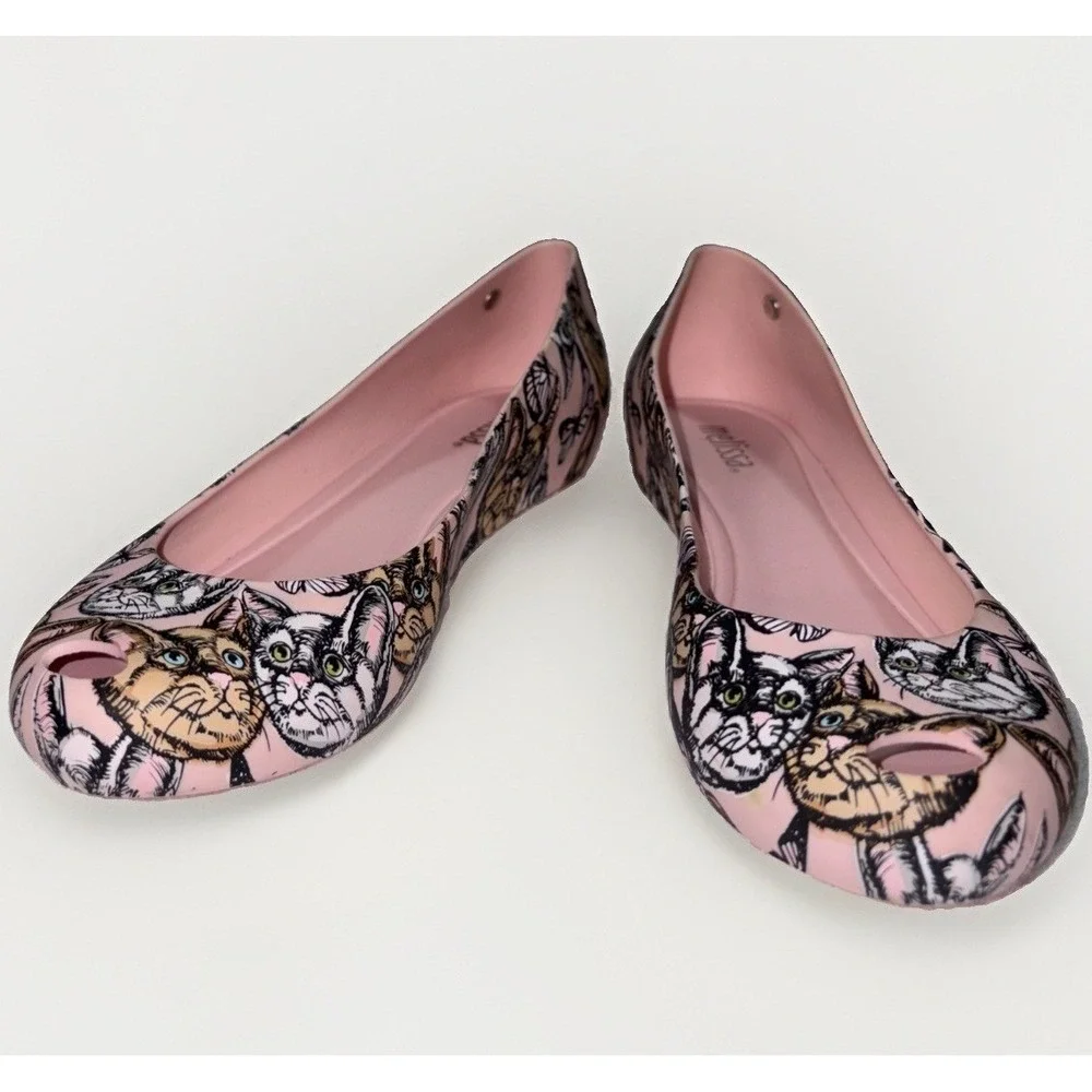 Melissa Ultragirl Pink Cat Butterfly Peep Toe Jelly Ballet Flats Size 5